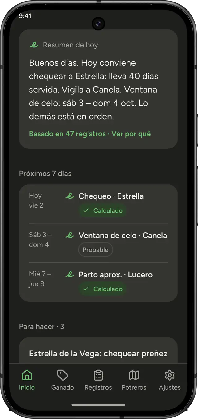 Pantalla de RUMAI con el resumen del día, los próximos 7 días y el aviso de vigilar a Canela.